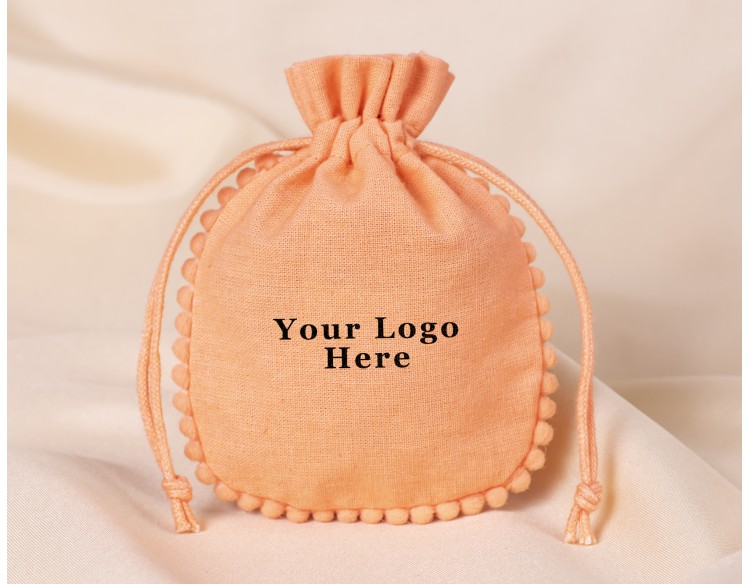 100 Light Orange Round PomPom Cotton Drawstring Pouches For Jewelry Packaging With Brand Logo Print, Designer Borders