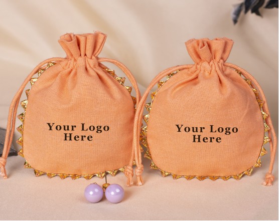 100 Designer Light Orange Round Lace Cotton Drawstring Pouches For Jewelry Packaging With Brand Logo Print 