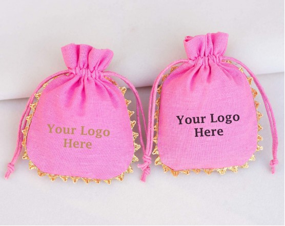 Pack Of 100 Designer Pink Cotton Drawstring Jewelry Packaging Pouch, Custom Wedding Favor Bags With Logo