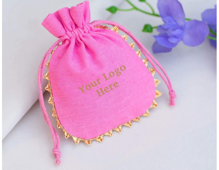 Pack Of 100 Designer Pink Cotton Drawstring Jewelry Packaging Pouch, Custom Wedding Favor Bags With Logo