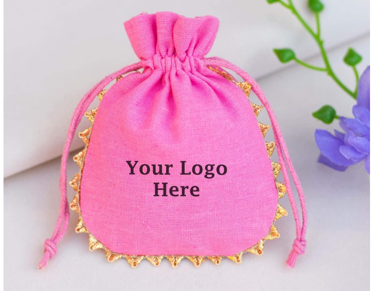 Pack Of 100 Designer Pink Cotton Drawstring Jewelry Packaging Pouch, Custom Wedding Favor Bags With Logo