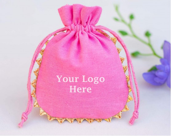Pack Of 100 Designer Pink Cotton Drawstring Jewelry Packaging Pouch, Custom Wedding Favor Bags With Logo