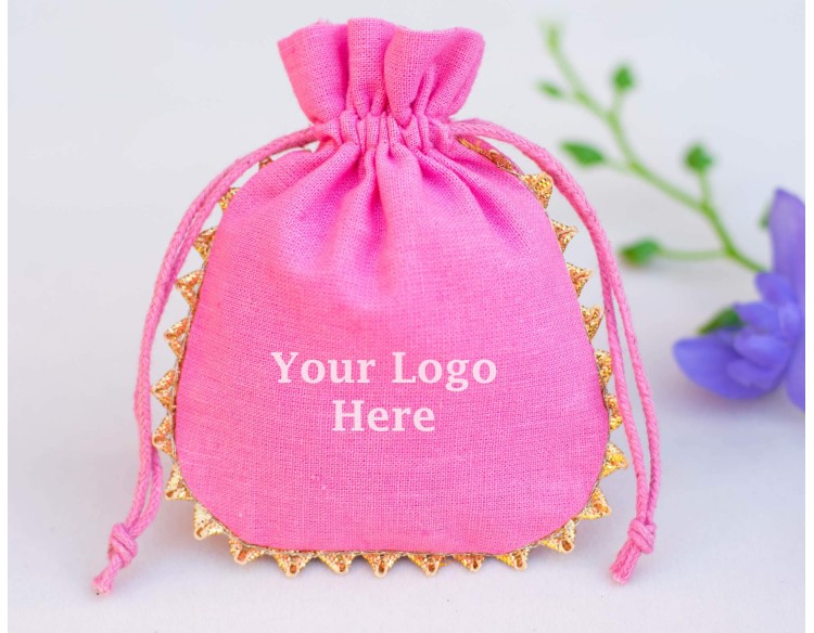 Pack Of 100 Designer Pink Cotton Drawstring Jewelry Packaging Pouch, Custom Wedding Favor Bags With Logo