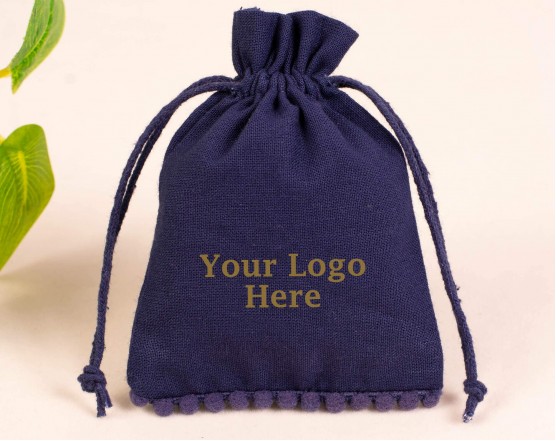 100 Blue Custom Logo Jewelry Pouch, Wedding Favor Bag, Cotton Drawstring Pouch