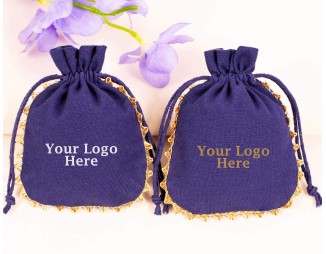 100 Designer Blue Cotton Drawstring Jewelry Pouches For Packaging With Brand Logo Print