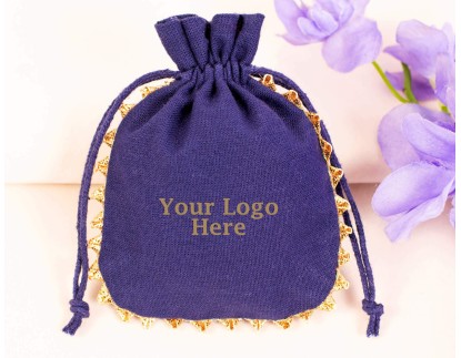100 Designer Blue Cotton Drawstring Jewelry Pouches For Packaging With Brand Logo Print