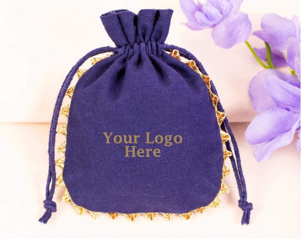 (Brand Logo) 100 Designer Blue Cotton Drawstring Pouches For Jewelry Packaging With Brand Logo Print 