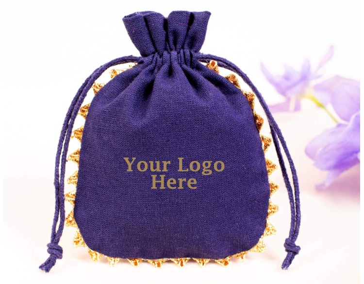 100 Designer Blue Cotton Drawstring Jewelry Pouches For Packaging With Brand Logo Print