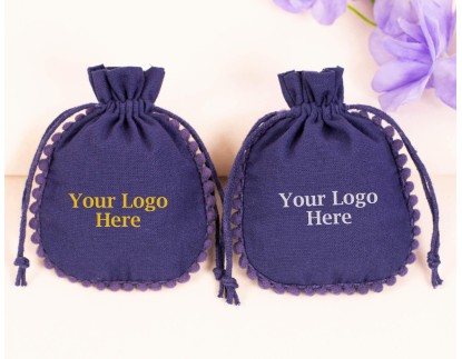 100 Blue Cotton Drawstring Pouches For Jewelry Packaging With Brand Logo Print, Jewelry Bags