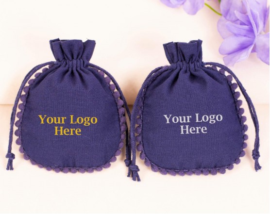 100 Blue Cotton Drawstring Pouches For Jewelry Packaging With Brand Logo Print, Designer Borders