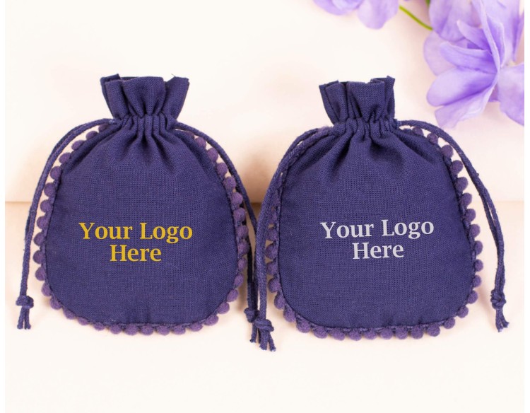 100 Blue Cotton Drawstring Pouches For Jewelry Packaging With Brand Logo Print, Jewelry Bags