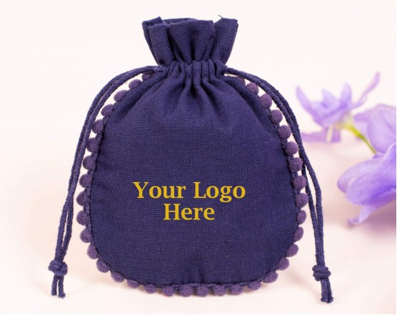 100 Blue Cotton Drawstring Pouches For Jewelry Packaging With Brand Logo Print, Designer Borders