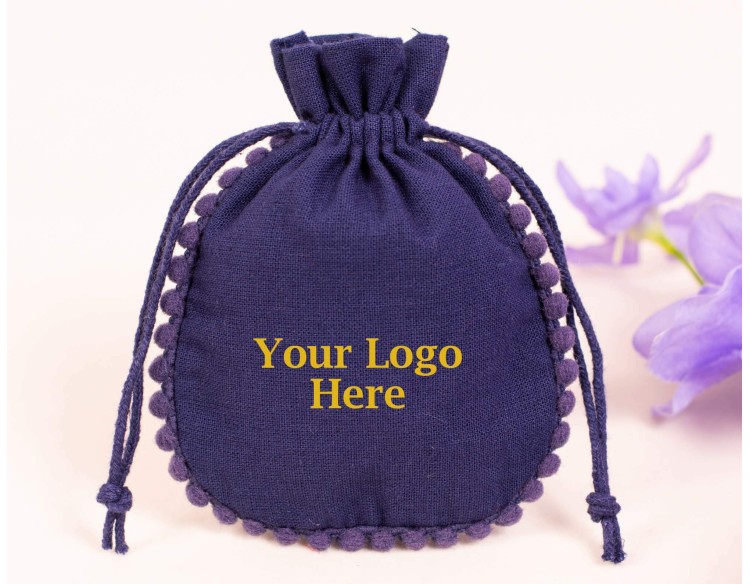 100 Blue Cotton Drawstring Pouches For Jewelry Packaging With Brand Logo Print, Jewelry Bags