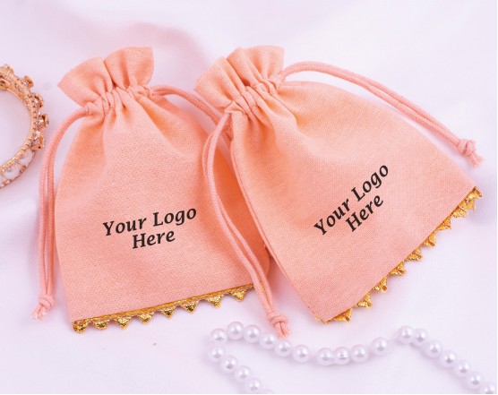 Set Of 100 Custom Drawstring Pouches For Jewelry Packaging, Wedding Favors (Peach, BG160)