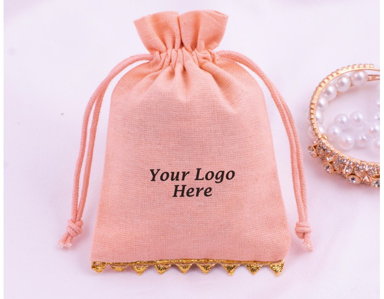 Set Of 100 Custom Drawstring Pouches For Jewelry Packaging, Wedding Favors (Peach, BG160)
