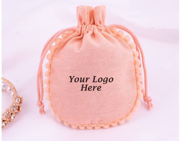 Set of 100 Peach Designer Cotton Drawstring Jewelry Pouches, Cosmetic Packaging Bag (Peach, BG157)