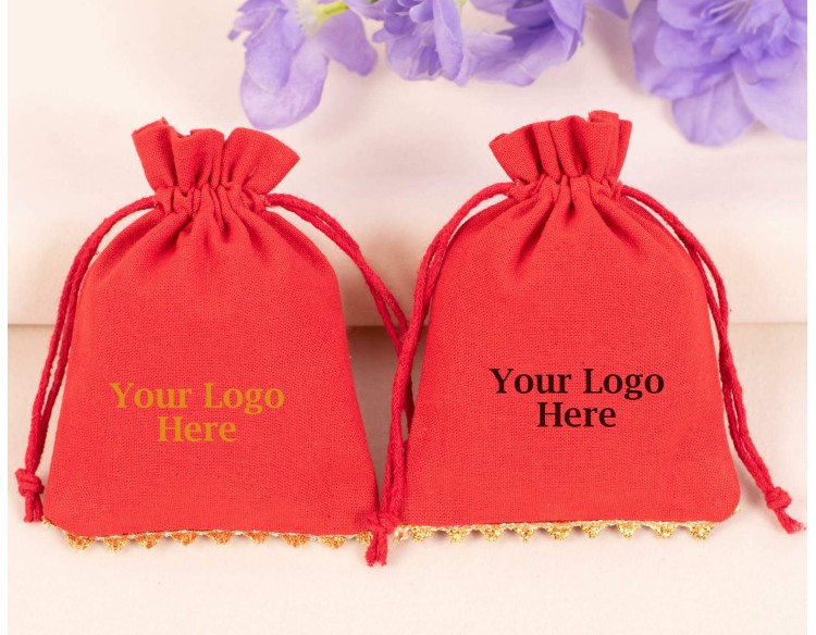 100 Red Bottom Lace Cotton Drawstring Pouches For Jewelry Packaging With Brand Logo Print