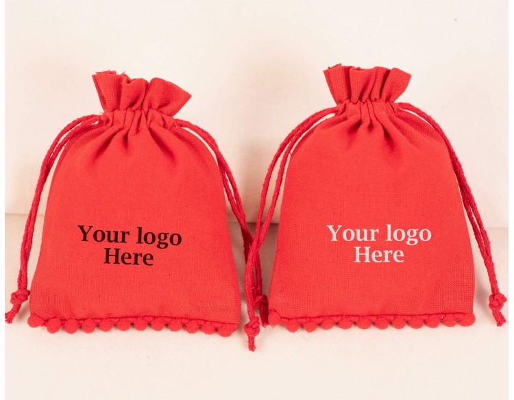 100 Red Designer Cotton Drawstring Pouches For Jewelry Packaging, Bracelet Bag