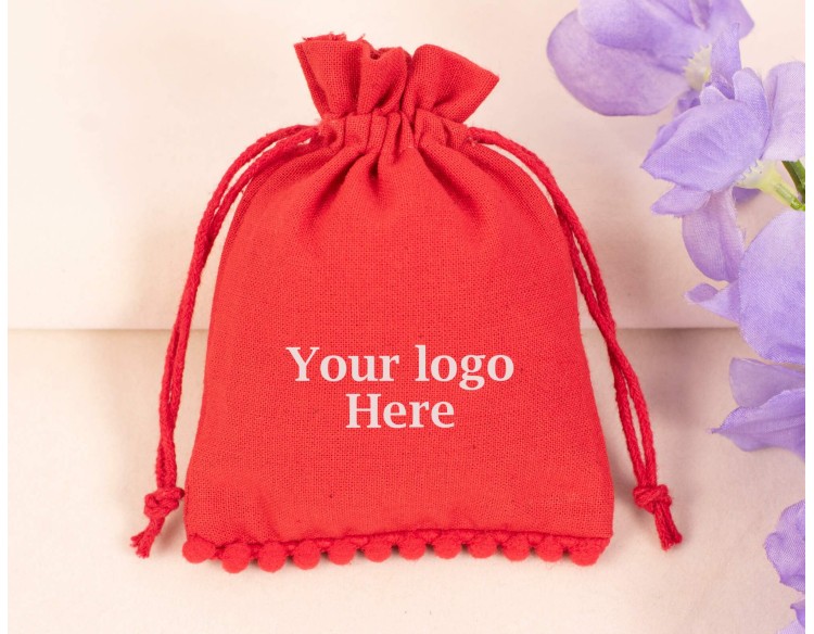 100 Red Designer Cotton Drawstring Pouches For Jewelry Packaging, Bracelet Bag