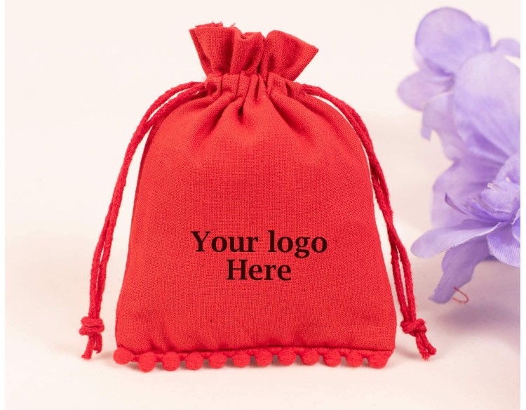 100 Red Designer Cotton Drawstring Pouches For Jewelry Packaging, Bracelet Bag