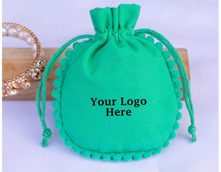 Designer Green Custom Drawstring Pouches For Jewelry Packaging (BG139, Cotton, Pack Of 100)
