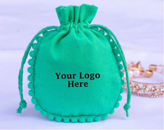 Designer Green Custom Drawstring Pouches For Jewelry Packaging (BG139, Cotton, Pack Of 100)
