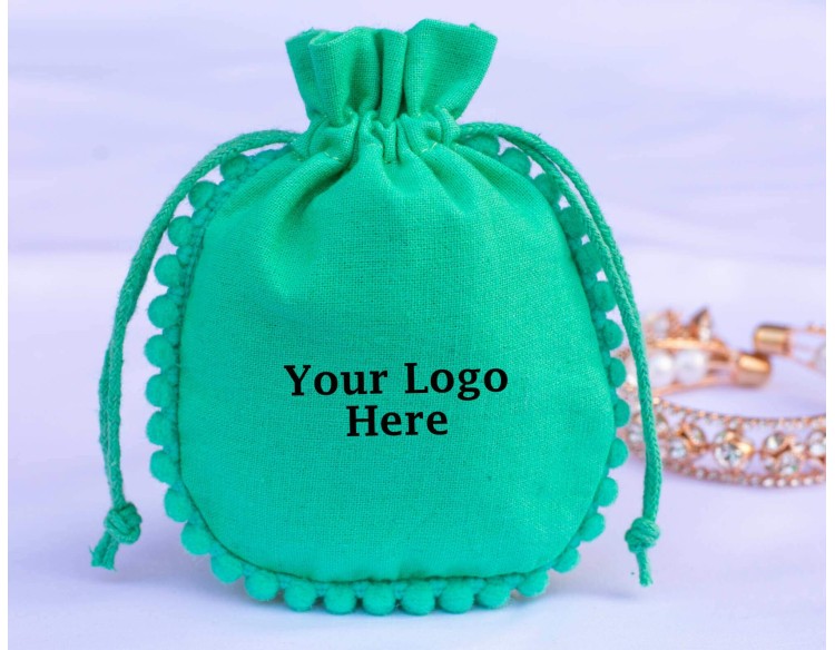 Designer Green Custom Drawstring Pouches For Jewelry Packaging (BG139, Cotton, Pack Of 100)