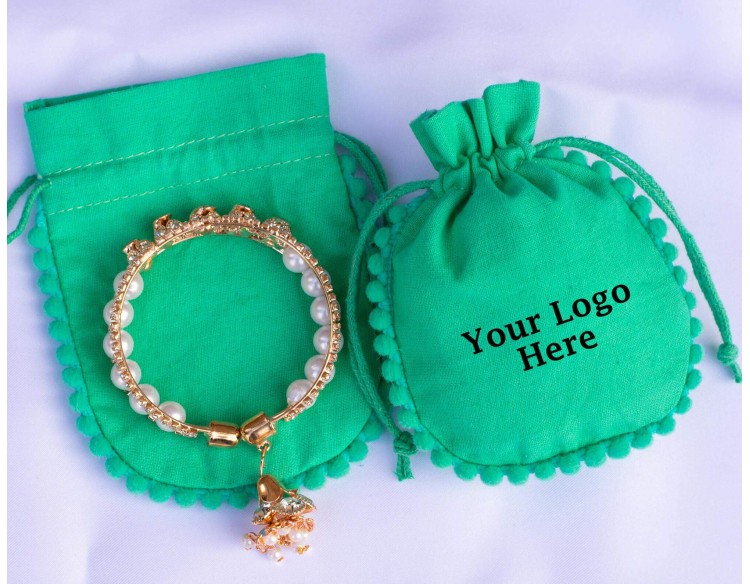 Designer Green Custom Drawstring Pouches For Jewelry Packaging (BG139, Cotton, Pack Of 100)
