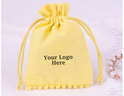 Yellow Bottom PomPom Cotton Drawstring Pouch For Jewelry Packaging With Custom Brand Logo Print
