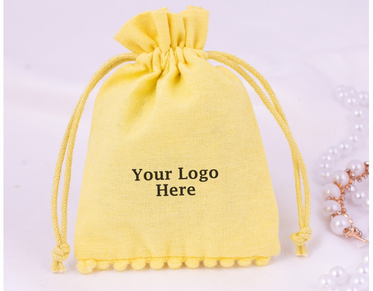 Yellow Bottom PomPom Cotton Drawstring Pouch For Jewelry Packaging With Custom Brand Logo Print
