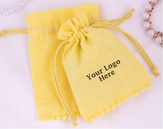  100 Yellow Bottom PomPom Cotton Drawstring Pouches For Jewelry Packaging With Brand Logo Print 
