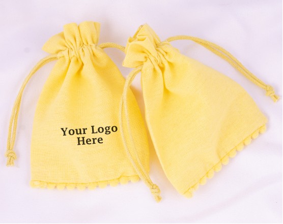  100 Yellow Bottom PomPom Cotton Drawstring Pouches For Jewelry Packaging With Brand Logo Print 