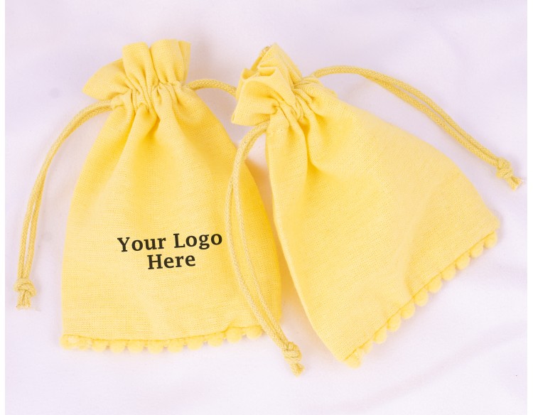 Yellow Bottom PomPom Cotton Drawstring Pouch For Jewelry Packaging With Custom Brand Logo Print