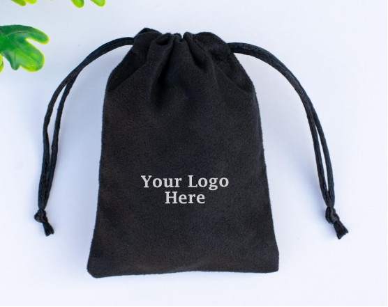 Pack Of 50 Black Suede Custom Drawstring Bag, Custom Jewelry Packaging Bag